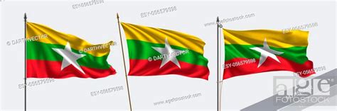 Set Of Myanmar Waving Flag On Isolated Background Vector Illustration Stock Vector Vector And