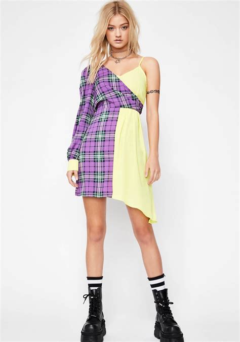 Asymmetric Mini Dress Purple Plaid Yellow Dolls Kill Mini Dress