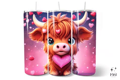 3D Highland Cow Valentines Tumbler Wraps Graphic By Finiolla Design