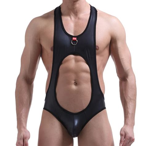 Mens Sexy Jumpsuit Bodysuit Mens Patent Leather Suspender Singlet