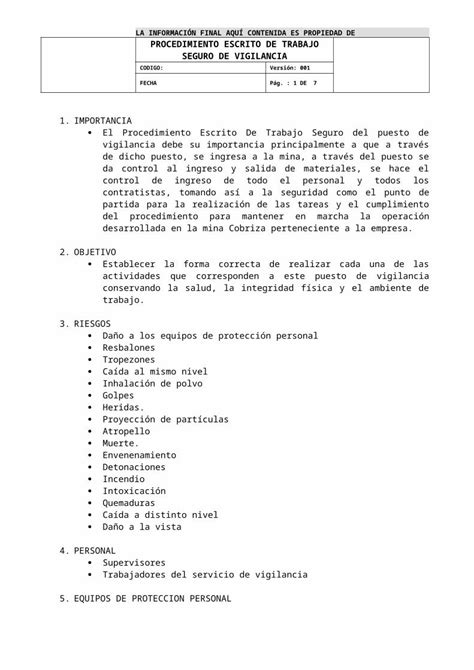 DOC PROCEDIMIENTO ESCRITO DE TRABAJO SEGURO DE UN PUESTO DE