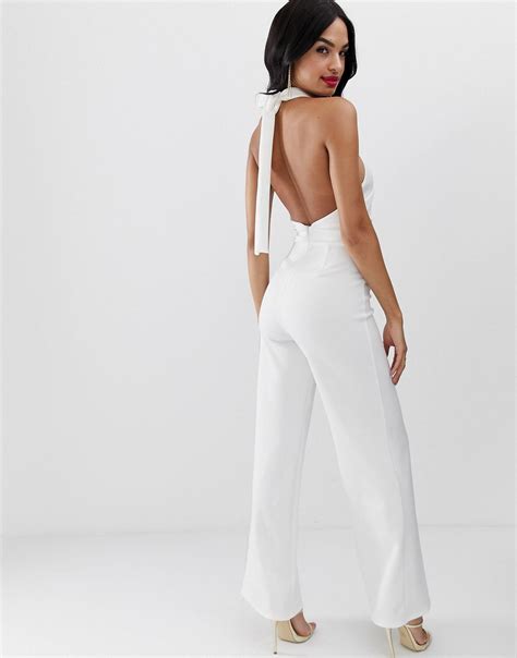 True Violet Exclusive Wide Leg Halter Neck Jumpsuit In White Lyst