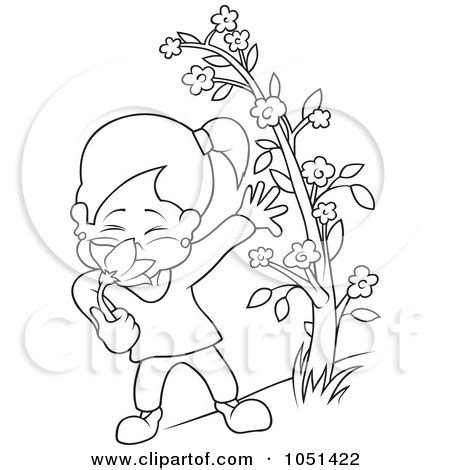 Royalty-Free Vector Clip Art Illustration of an Outline Of A Girl Smelling Flowers by dero #1051422