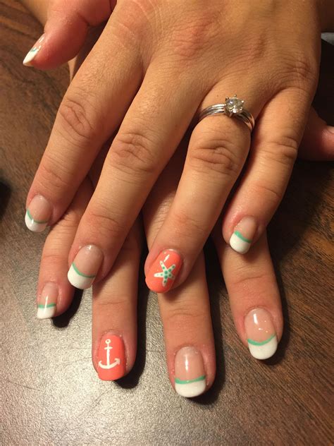 Gel Nails Beach Nails Coral Mint French Manicure Anchor Starfish