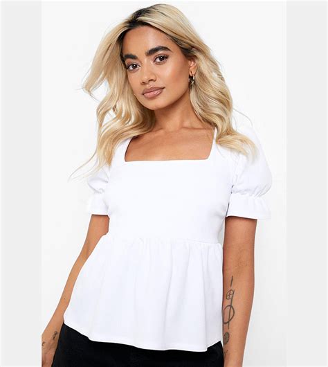 Buy Boohoo Square Neck Puff Sleeves Peplum Top In White 6thstreet