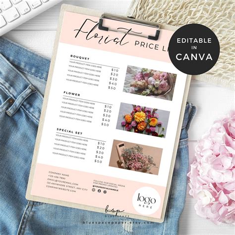 Florist Price List, Flower Bouquet Price List, Floral Flyer Template