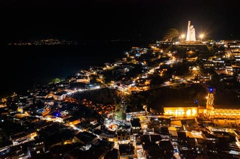 Premium Photo Aerial Shot Of Janitzio Island At Night In Lake