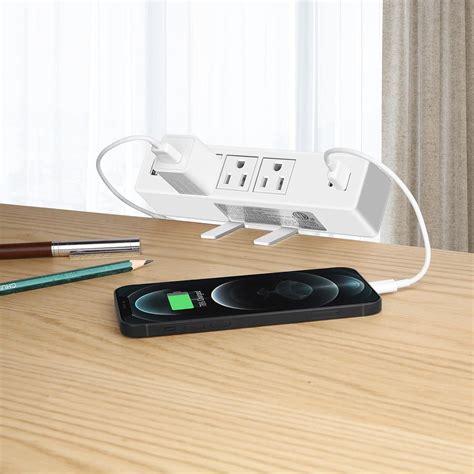 White Desktop Clamp Power Strip With Usb Surge Protector Power Charging