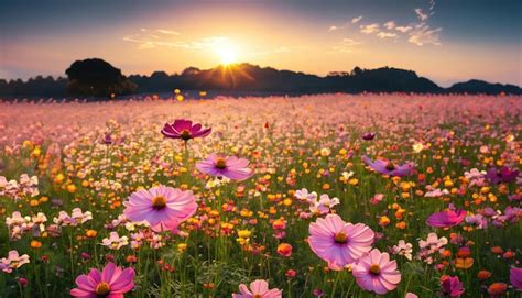 Premium Photo Beautiful And Amazing Cosmos Flower Field Landscape In