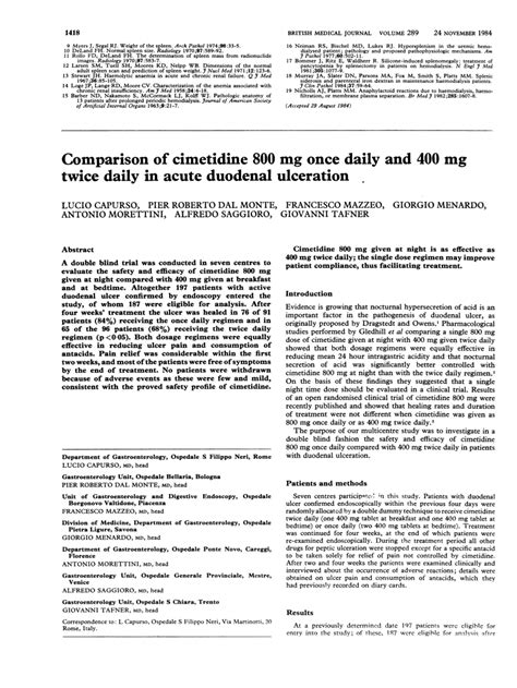 PDF Comparison Of Cimetidine 800 Mg Once Daily And 400 Mg Twice Daily