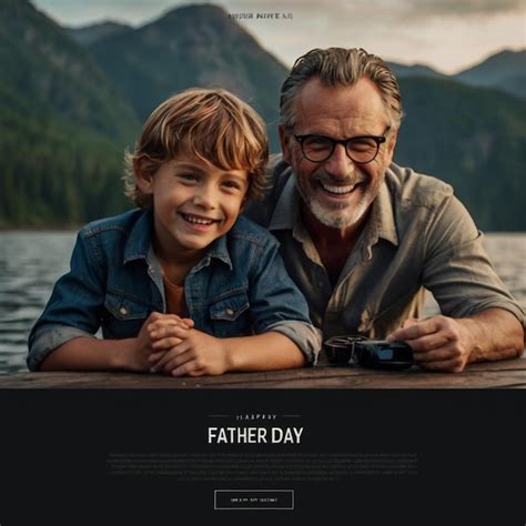 A Father And Son Are Smiling And Posing For A Photo With A Mountain In