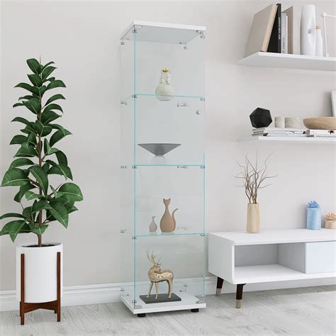 Tall Home Storage Shelves 4 Shelf Glass Display Cabinet Floor Standing Curio Bookshelf White