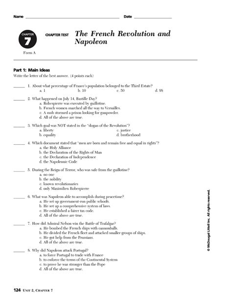 Fillable Online The French Revolution And Napoleon Chapter Test Form A