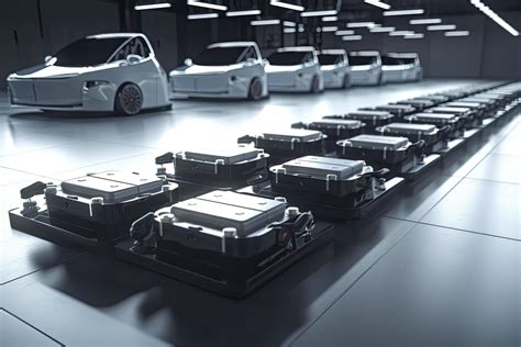 electric cars with pack of battery cells module on platform in a row ...