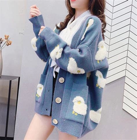 Womens Korean Style Fluffy Sheep V Neck Knitted Cardigans Female