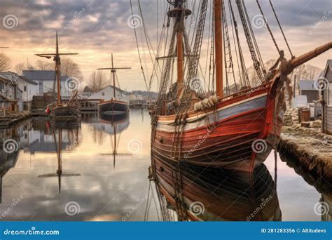 Restored Viking Ship In A Peaceful Scandinavian Harbor Stock Photo