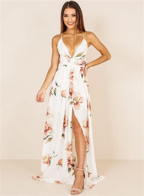 Sexy Floral Printed Spaghetti Strap Backless V Neck Slit Women Maxi