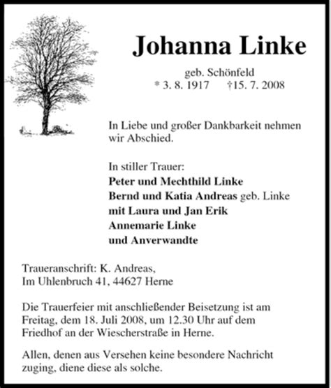 Traueranzeigen Von Johanna Linke Trauer In Nrw De