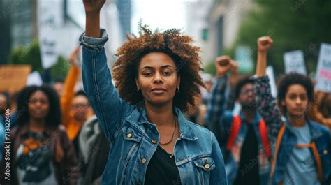 Black Woman Marching In Protest With A Group Of Protestors With Their