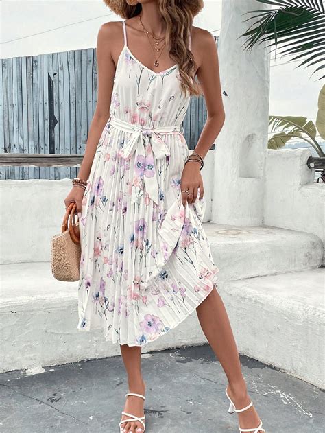 Shein Vcay Floral Print Pleated Hem Belted Cami Dress Shein Usa