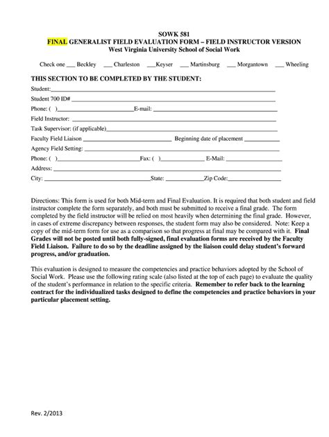 Fillable Online Socialwork Wvu Generalist FINAL Evaluation Form Field