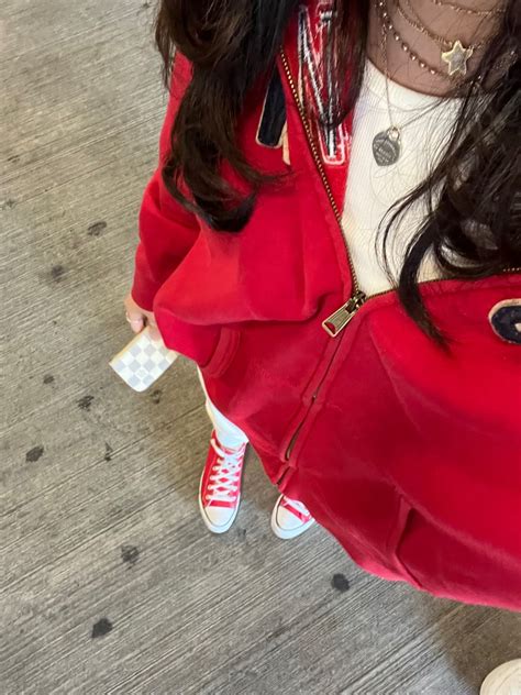 Red Converse Outfit In 2024 Red Converse Outfit Red Jacket Outfit Red Sweatshirt Outfit