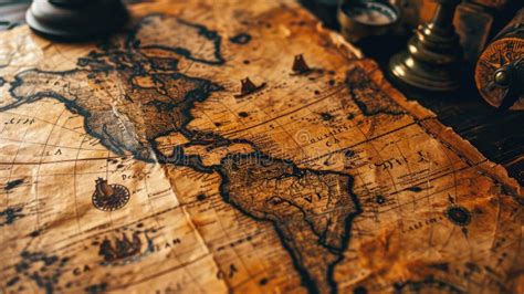 Old World Map With Torn Edges On Vintage Wooden Table Worn Rare Paper