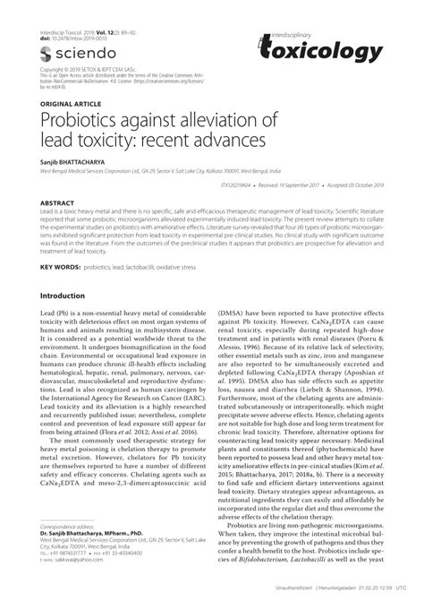 Pdf Probiotics Against Alleviation Of Lead Toxicity Recent Advances