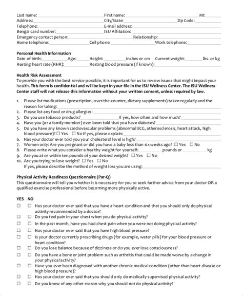 Free Sample Fitness Assessment Forms In Pdf Ms Word