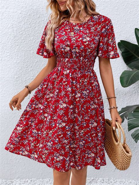 Shein Lune Ditsy Floral Print Butterfly Sleeve Dress Shein Usa