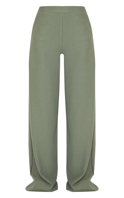 Khaki Ribbed High Waist Wide Leg Trousers Prettylittlething Ire