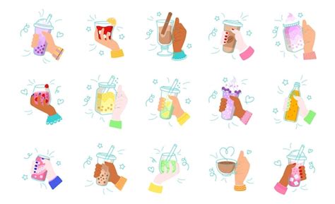 Premium Vector Hands Hold Drinks Set Doodle Hands With Cold Hot