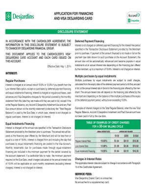 Fillable Online Application For Financing And Visa Desjardins Card Fax