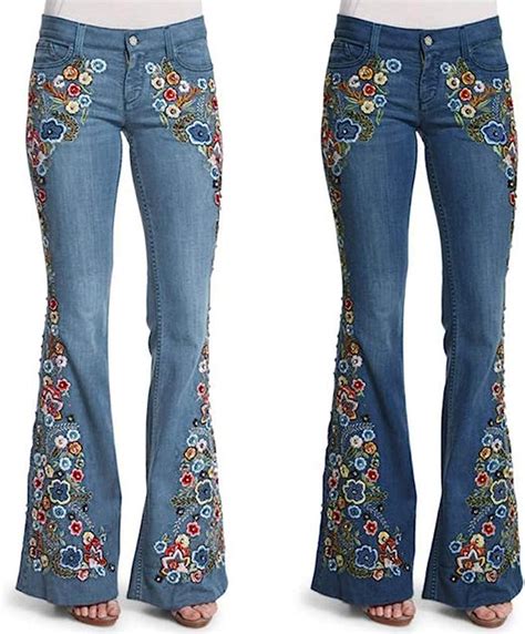 2dxuixsh Womens Chic Floral Embroidered High Rise Bell Bottom Flare