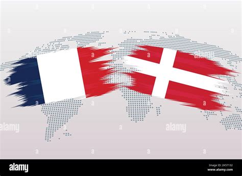 France Vs Denmark Soccer Ball In Flag Design On World Map Background