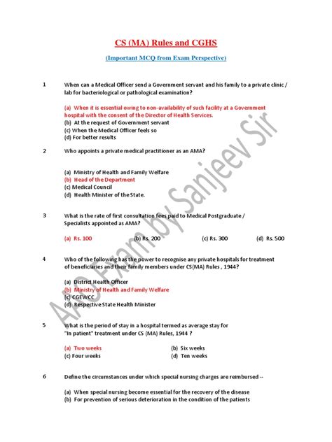 Cs Ma Rules And Cghs Important Mcq From Exam Perspective Pdf