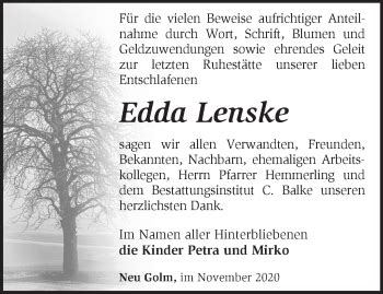 Traueranzeigen Von Edda Lenske M Rkische Onlinezeitung Trauerportal