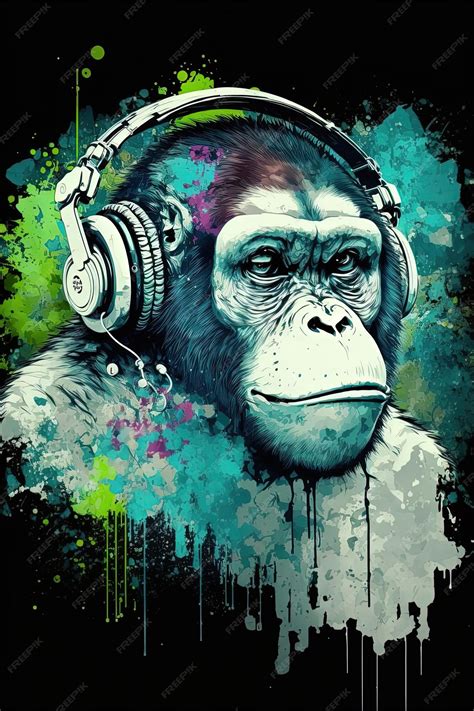 Premium Photo Grunge Monkey Portrait Illustration With Headphones Ink