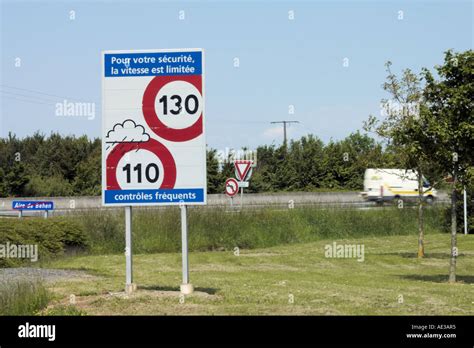 Speed Limit Signs For 130 And 110 Km Hr On A Motorway In France Stock