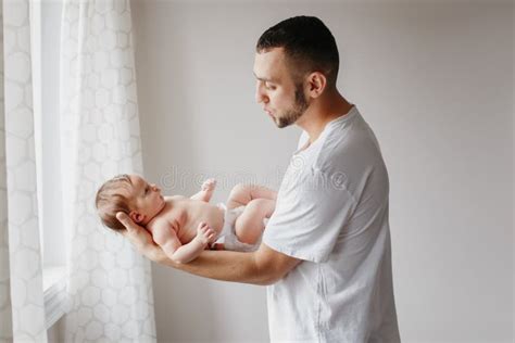 Happy Caucasian Father Holding Newborn Baby Male Bearded Man Parent