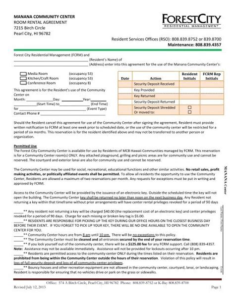 Manana Community Center Room Rental Agreement