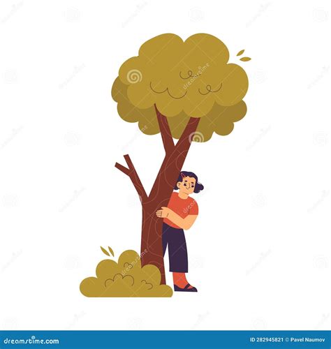 Little Girl Playing Hide And Seek Game Standing Behind Tree Vector