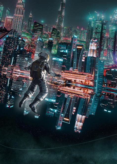 Astronaut Floating Towards A Cyber City Digital Art By MadCrabs