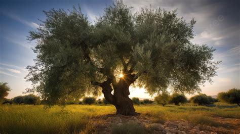 And Olive Tree At Sunset With Sun Shining Behind The Tree Background