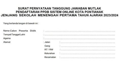 Contoh Surat Pernyataan Tanggung Jawab Mutlak PPDB SMP Pontianak 2023