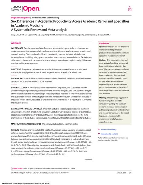 Pdf Sex Differences In Academic Productivity Across Academic Ranks And Specialties In Academic