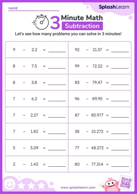 Subtract Whole Number And Decimal Horizontal Timed Practice — Printable Math Worksheet