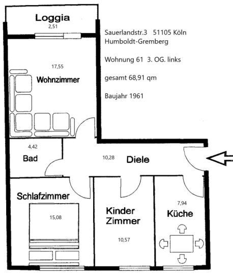 3 Zimmer Wohnung zu vermieten Sauerlandstrasse 3 51105 Köln Humboldt