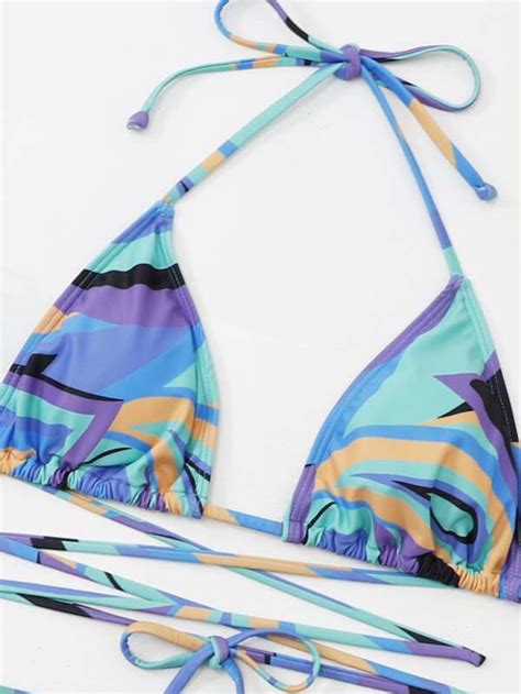 Shein Swim Vcay Allover Print Mesh Bikini Set Halter Triangle Bra Top