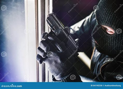 Burglar With Gun And Torch Stock Photo Image Of Home 84190258